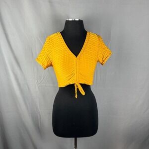 Roma Concept Cropped Top Womens Small Mustard Stretch Scrunch Textured V Neck